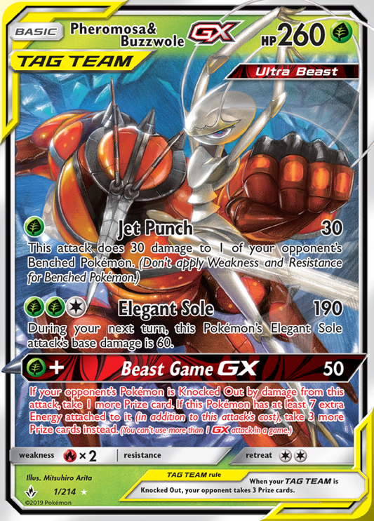 Unbroken Bonds - 001/214 - Pheromosa & Buzzwole GX (Tag Team)